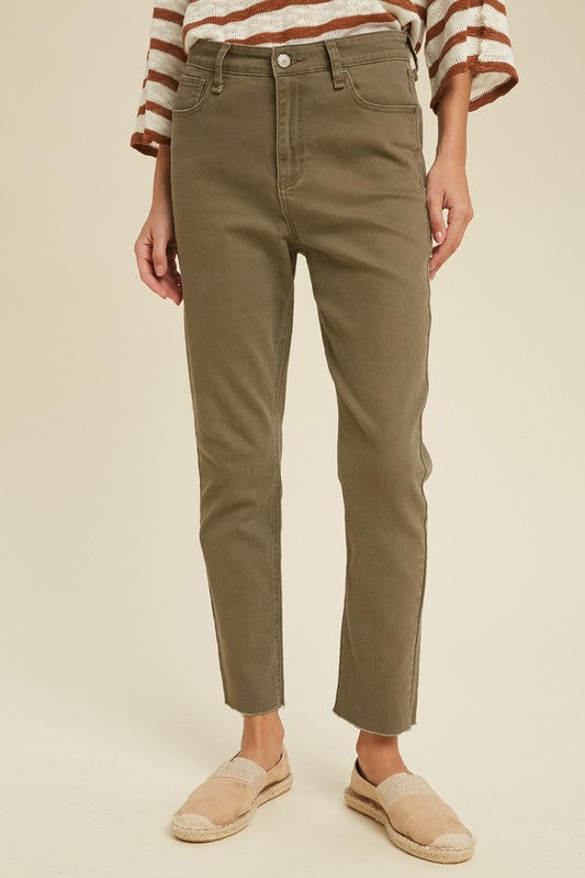 Olive Pants With Raw Edge Detail