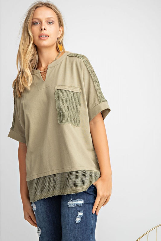 Mesh Contrast Olive Top