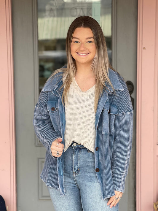 Blue Waffle Knit Shacket