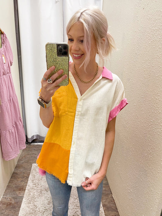 Orange Pink Button Down Top