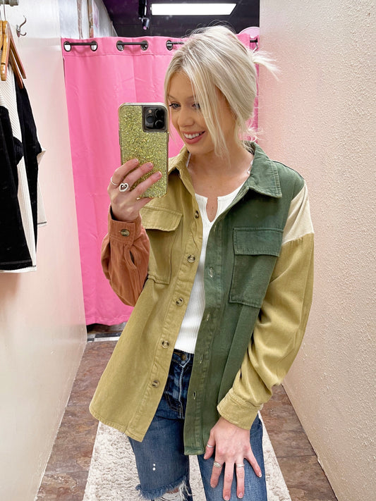 Hunter Green Color Block Shacket