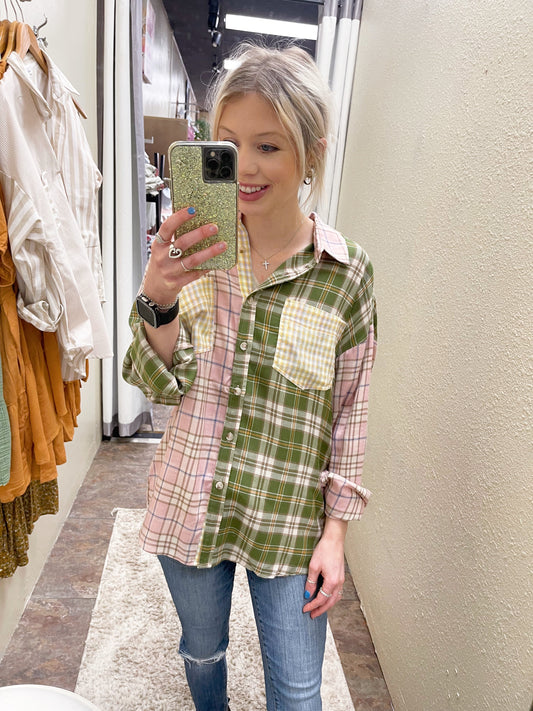 Olive/Blush Patchwork Flannel Top