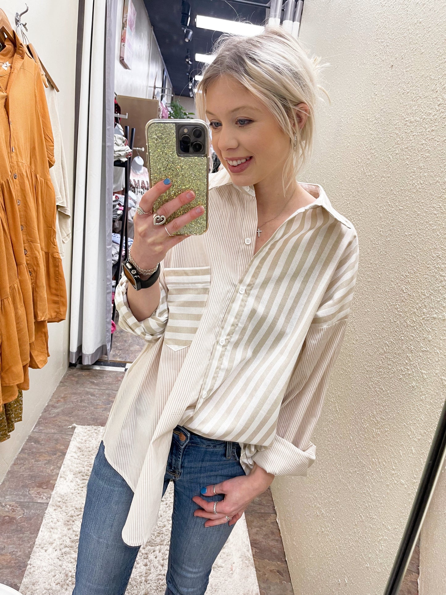 Taupe Contrast Stripe Button Down Top