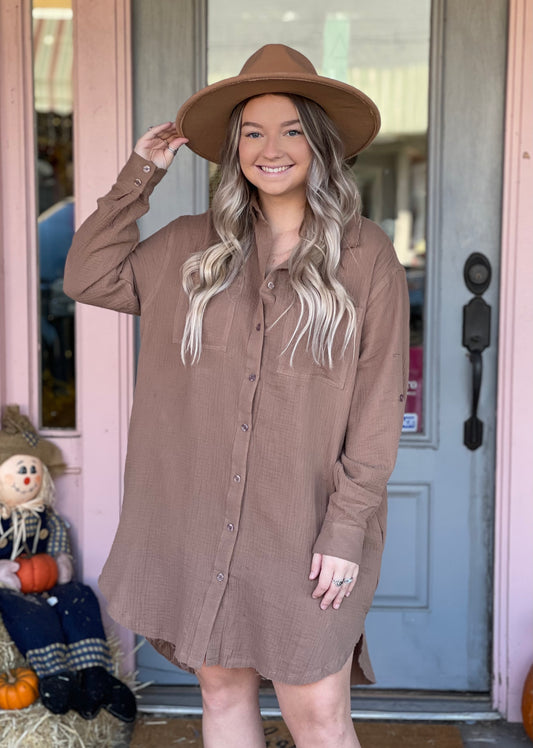 Mocha Long Sleeve Shirt Dress
