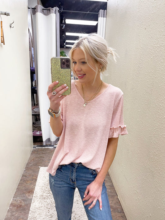 Pink Ribbed Ruffle Sleeve Top