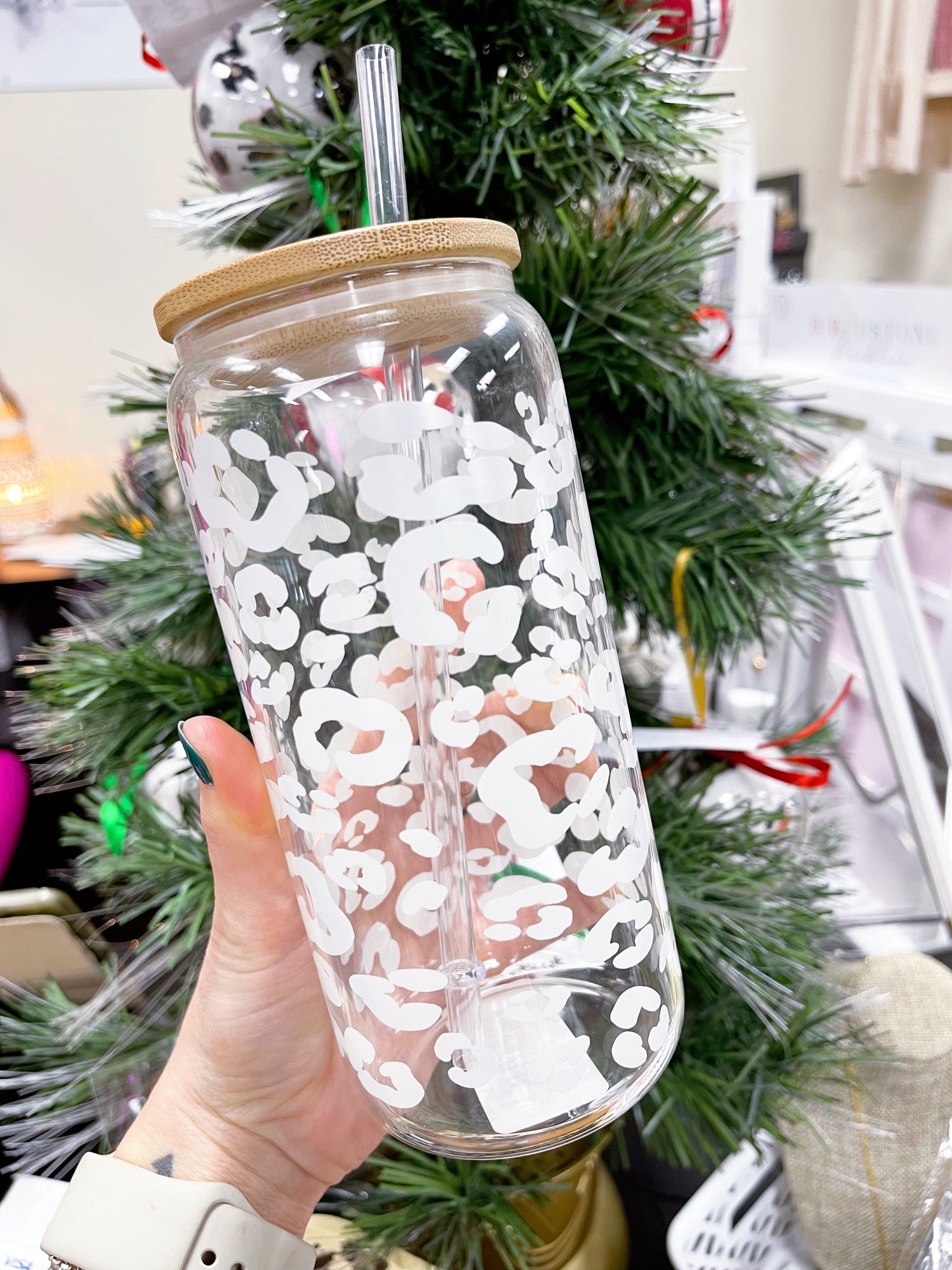 Glass Cold Coffee Beer Can Tumbler - White Leopard