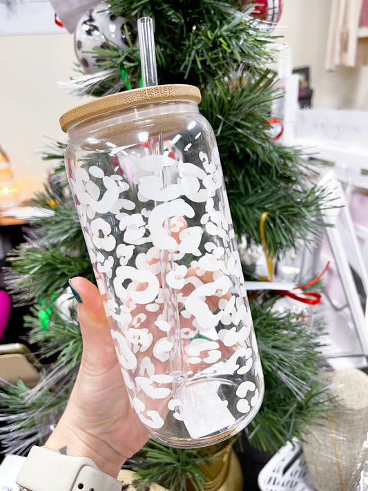 Glass Cold Coffee Beer Can Tumbler - White Leopard