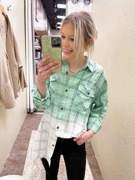 Mint Dip Dyed Plaid Top