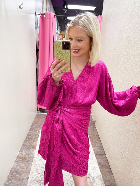 Hot Pink Leopard Surplice Dress