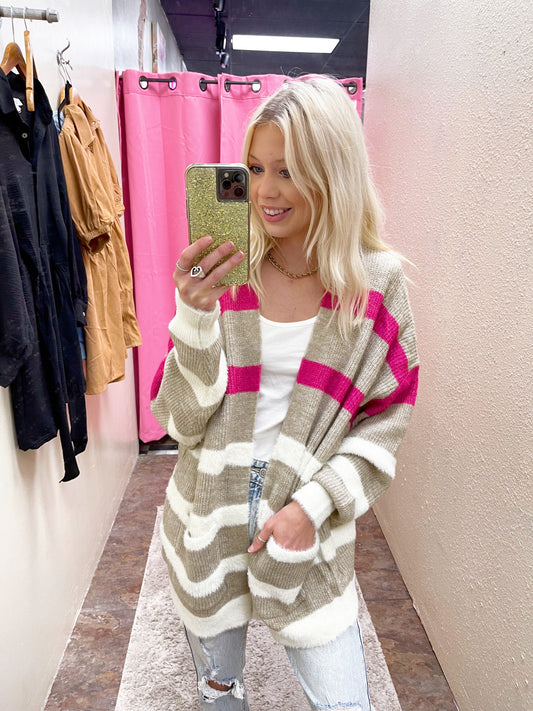 Pink White Stripe Cardigan