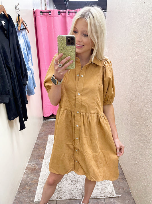 Camel Corduroy Button Up Dress