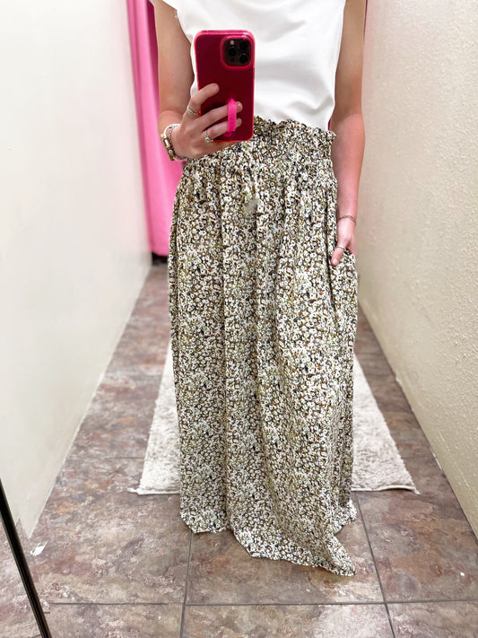 Spring Green Floral Midi Skirt