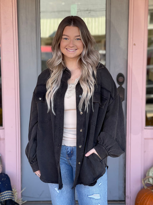 Charcoal Sand Washed Shirt Jacket