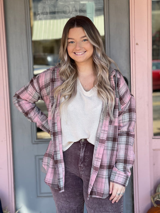 Mauve Combo Hoodie Flannel Top