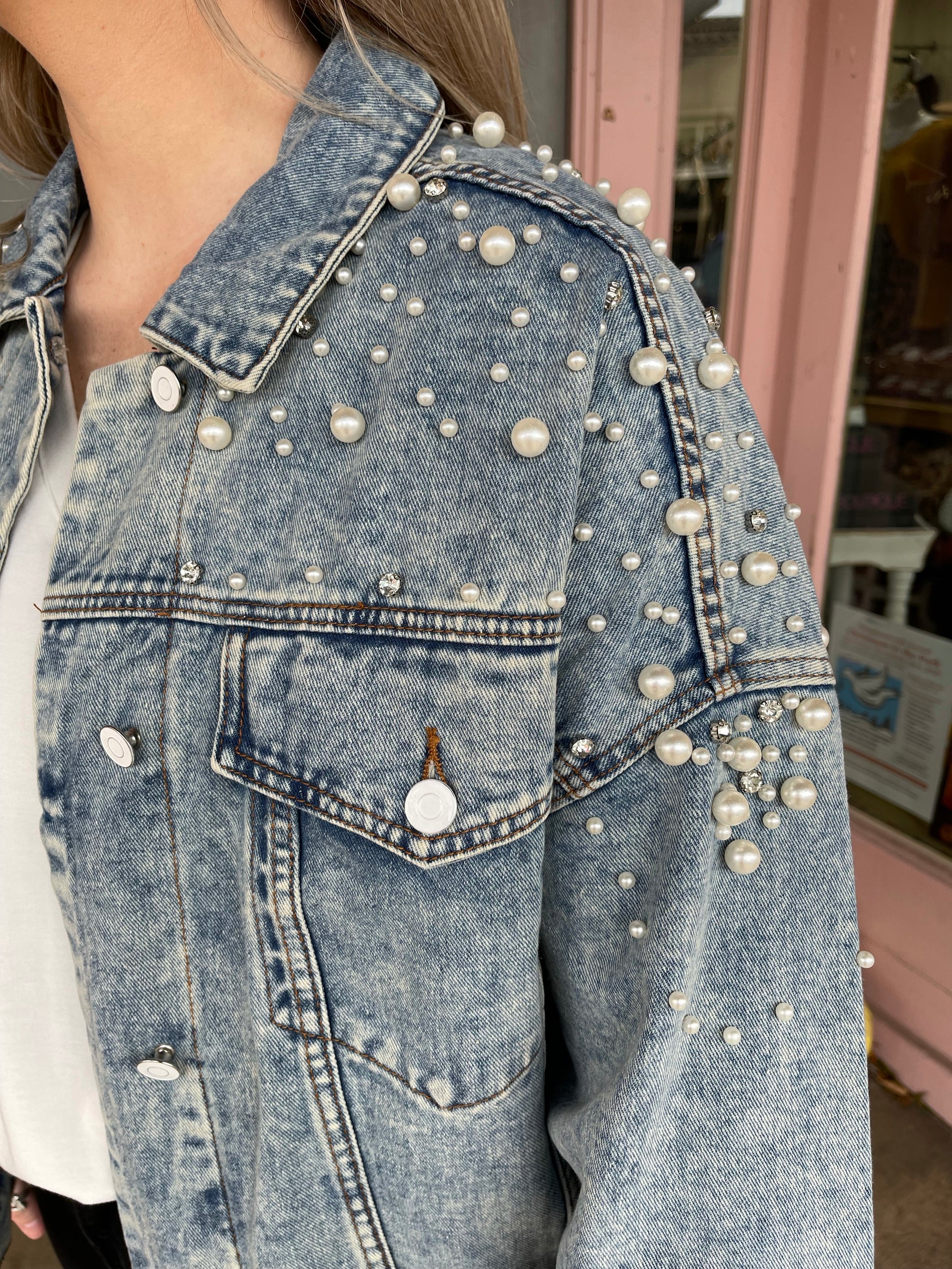 Pearl and Rhinestone Denim Jacket – Ani Oakli Clothing