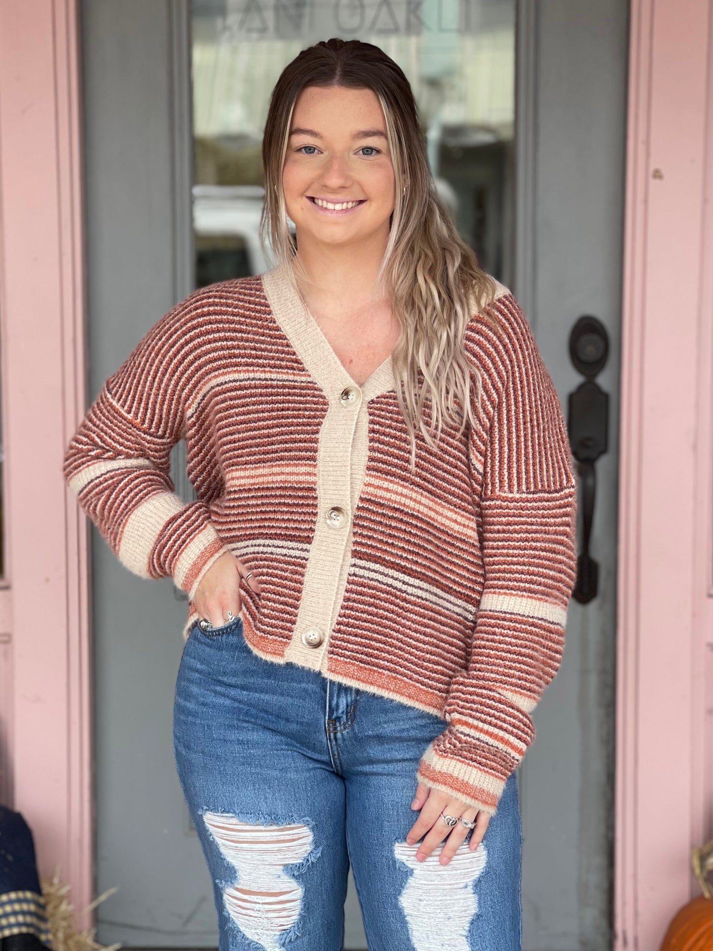 Stripe Eyelash Sweater Cardigan