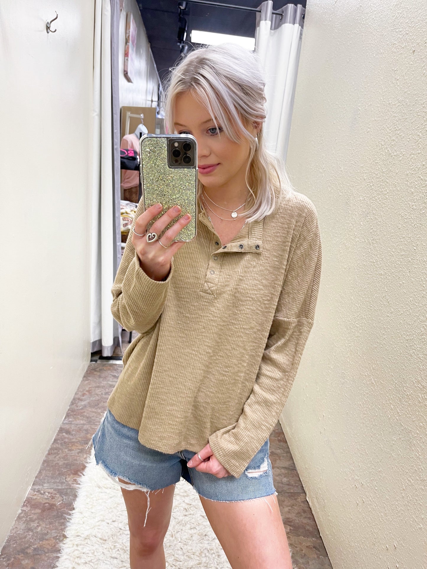Taupe Rib Knit Henley Top