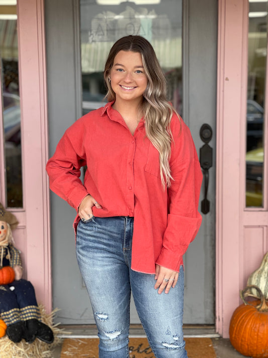 Coral Corduroy Button Down Top