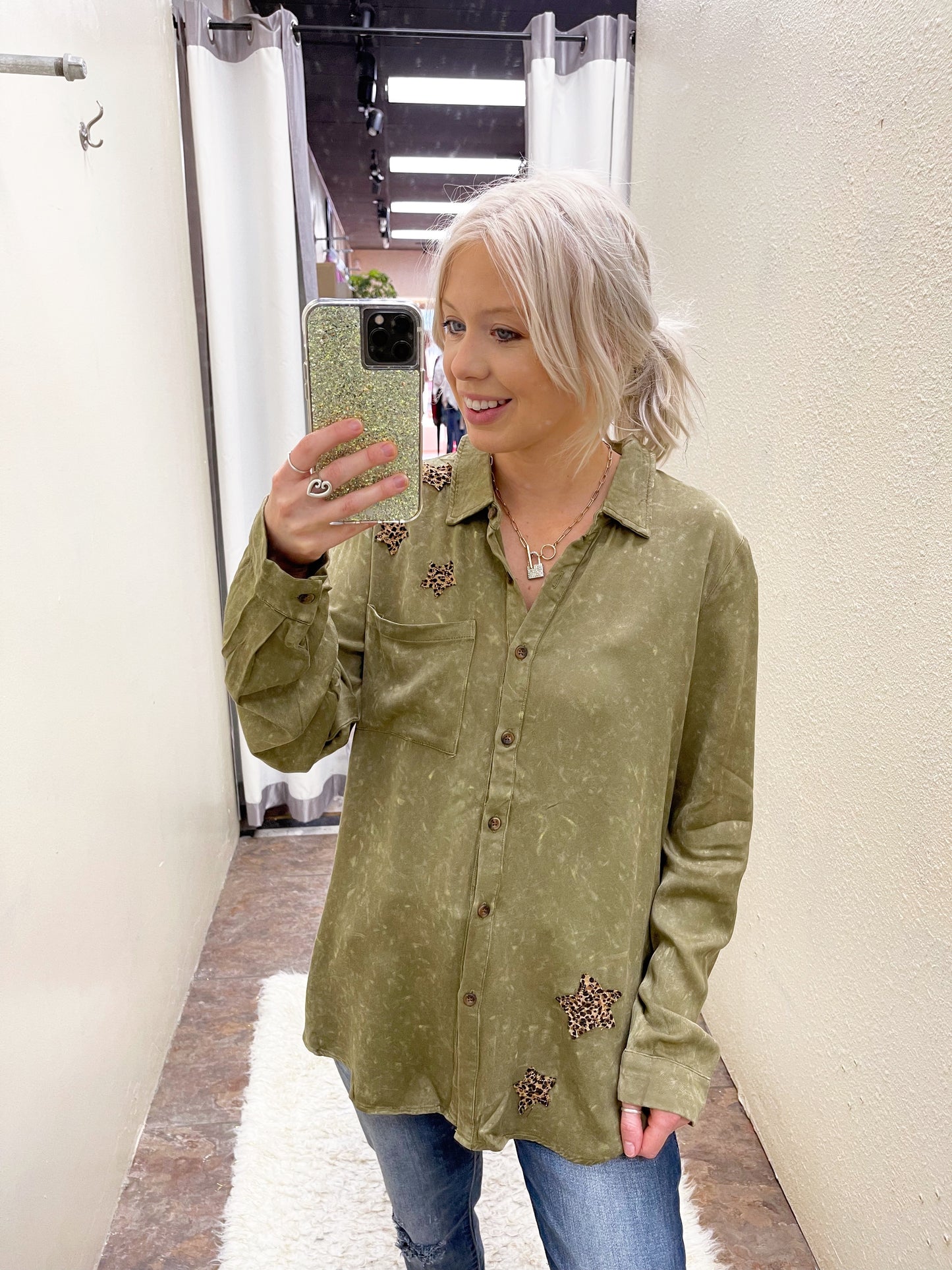 Leopard Star Patch Olive Top