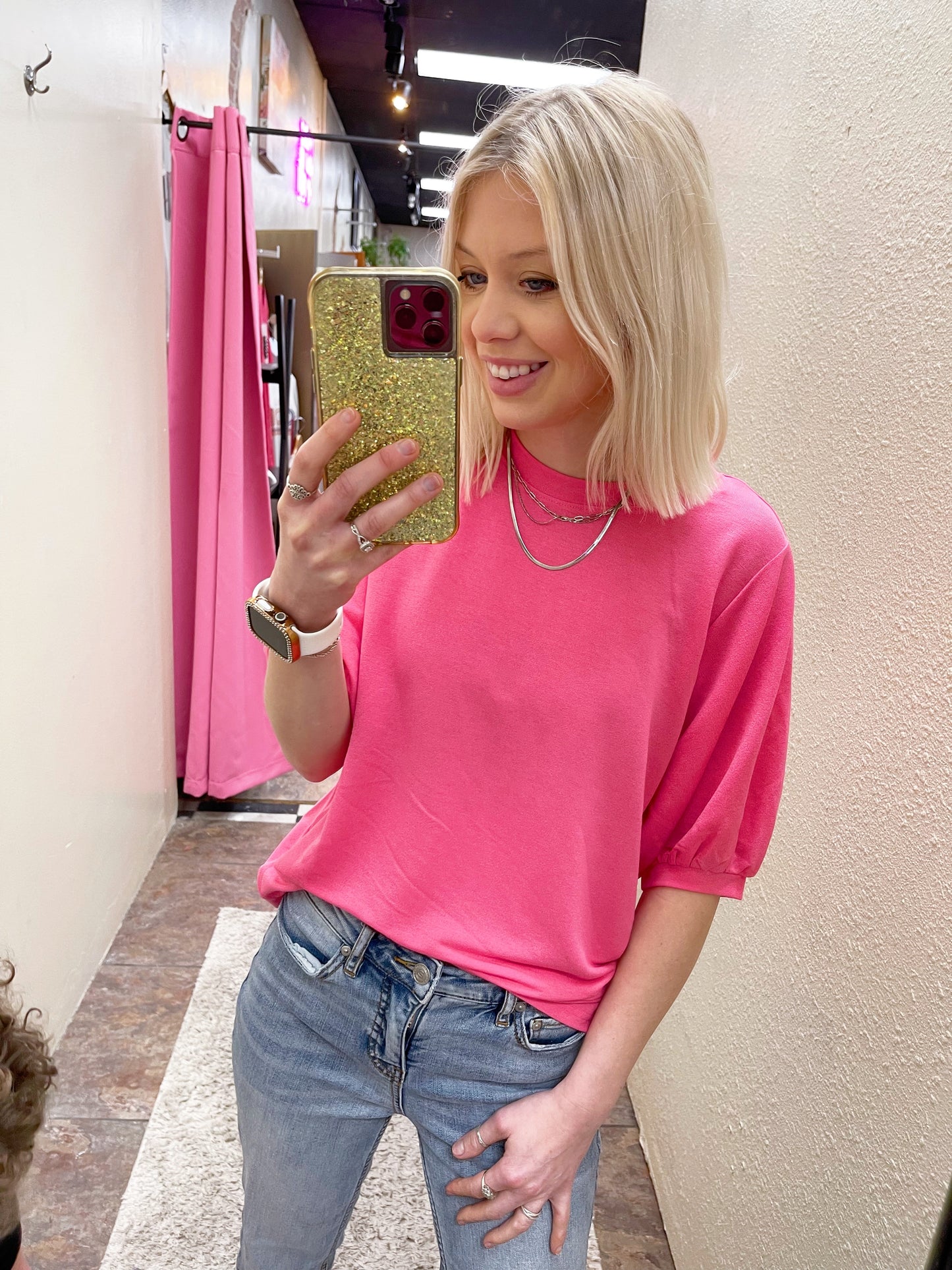 Hot Pink Bubble Sleeve Top