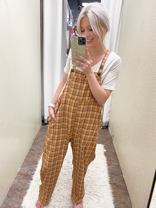 Hello Fall Plaid Overalls