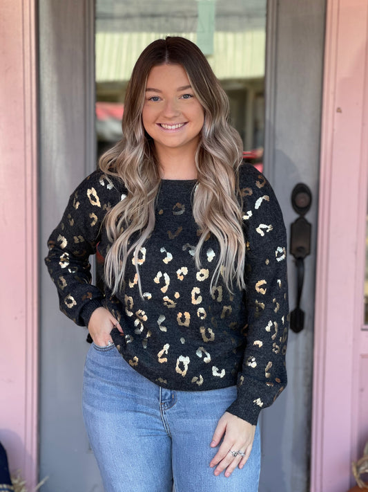 Charcoal Metallic Leopard Print Sweater