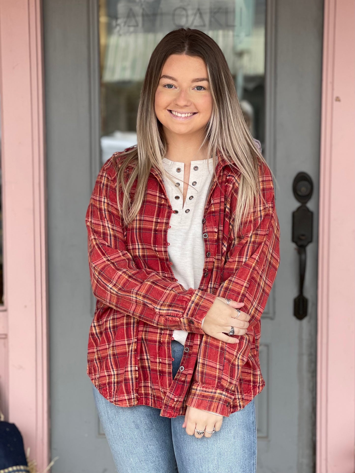 Red Plaid Frayed Top