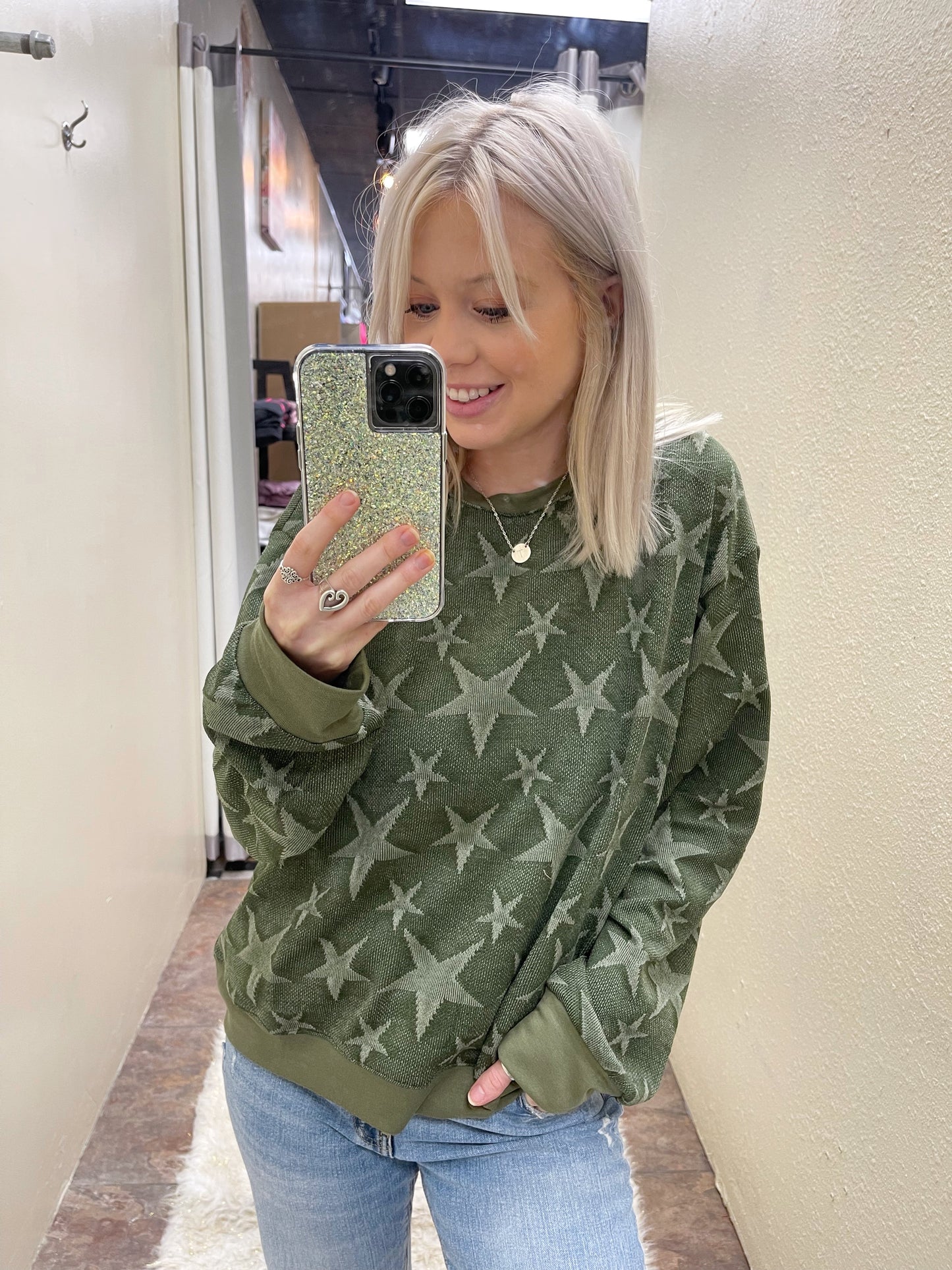 Olive Star Print Pullover Top