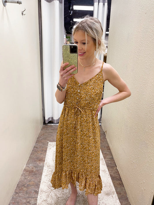 Mustard Floral Midi Dress