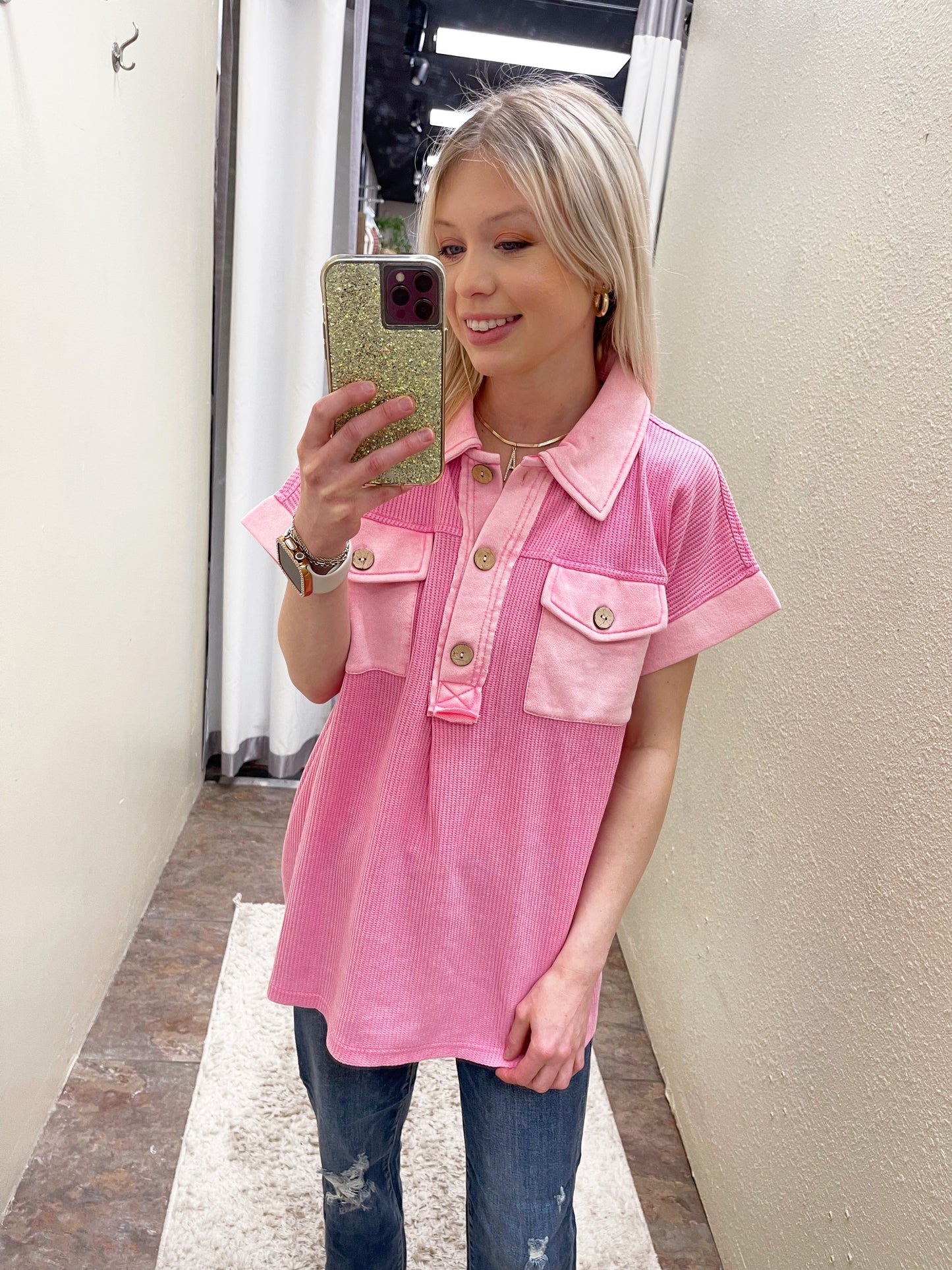 Henley Pink Washed Top