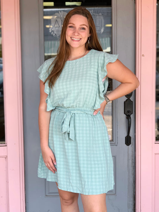 Flutter Sleeve Woven Dress With Waist Tie Detail