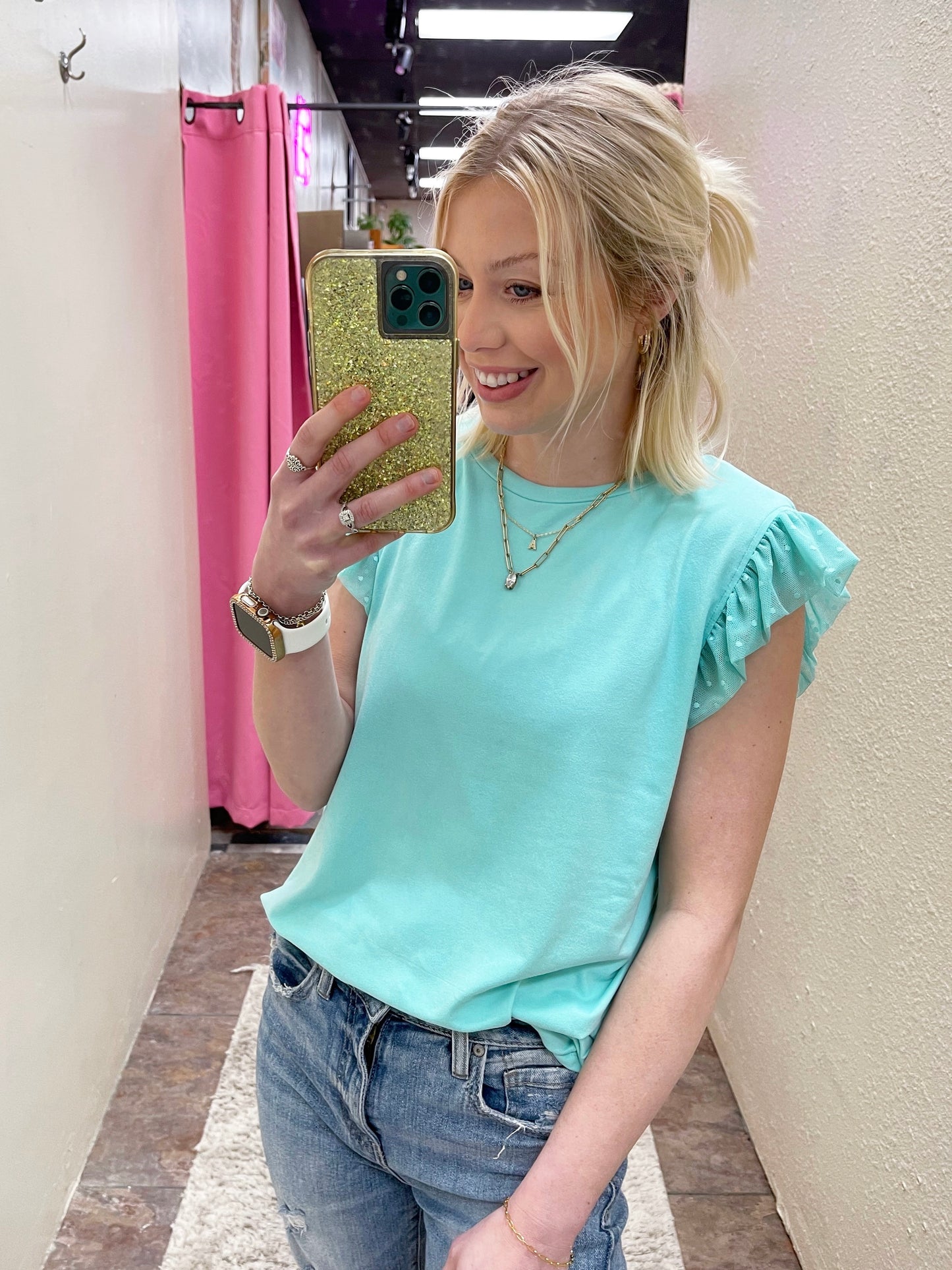 Mint Ruffle Sleeve Top