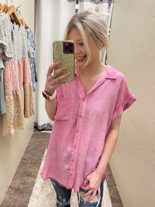 Pink Frayed Hem Top