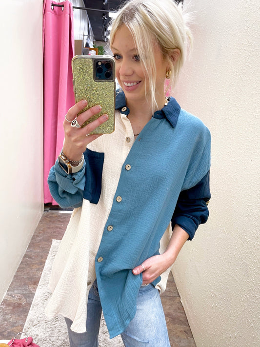 Blue Color Block Gauze Button Down Top