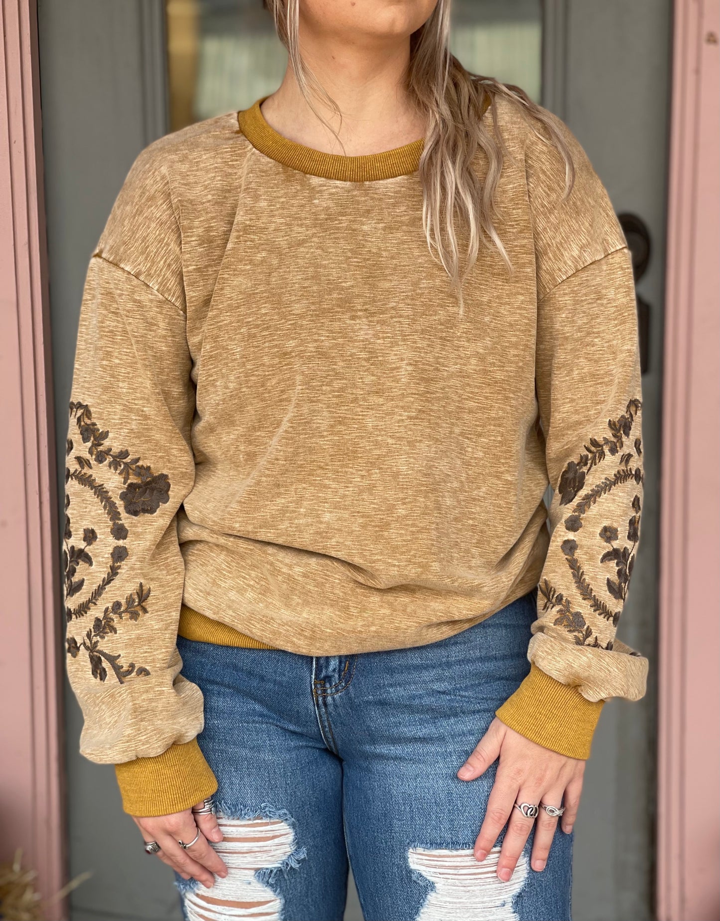 Mustard Embroidered Pullover Top