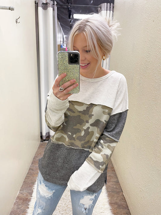 Contrast Camo Pullover Top