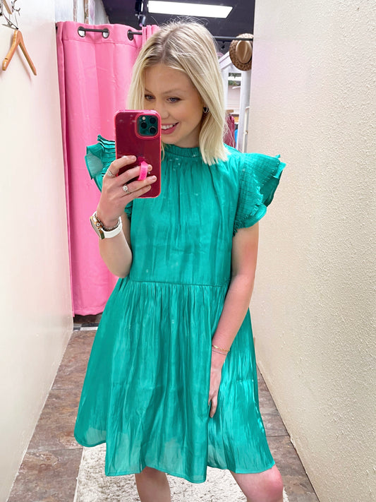Emerald Pleated Cap Sleeve Dress