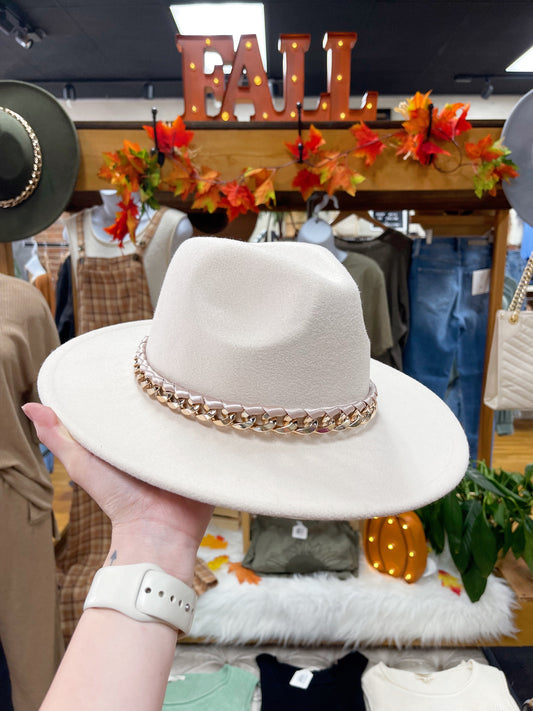 Neutral Beige Ribbon Chain Fedora Hat