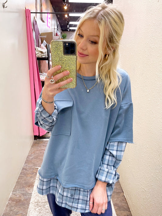 Denim Blue Plaid Terry Top