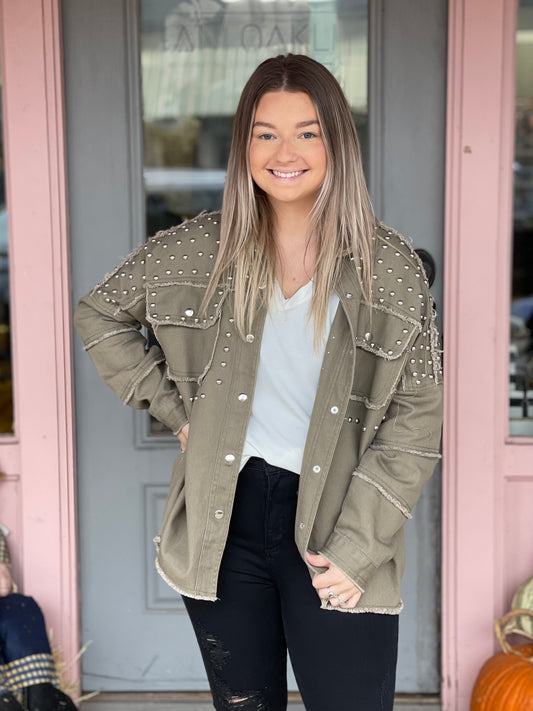 Olive Studded Frayed Jacket